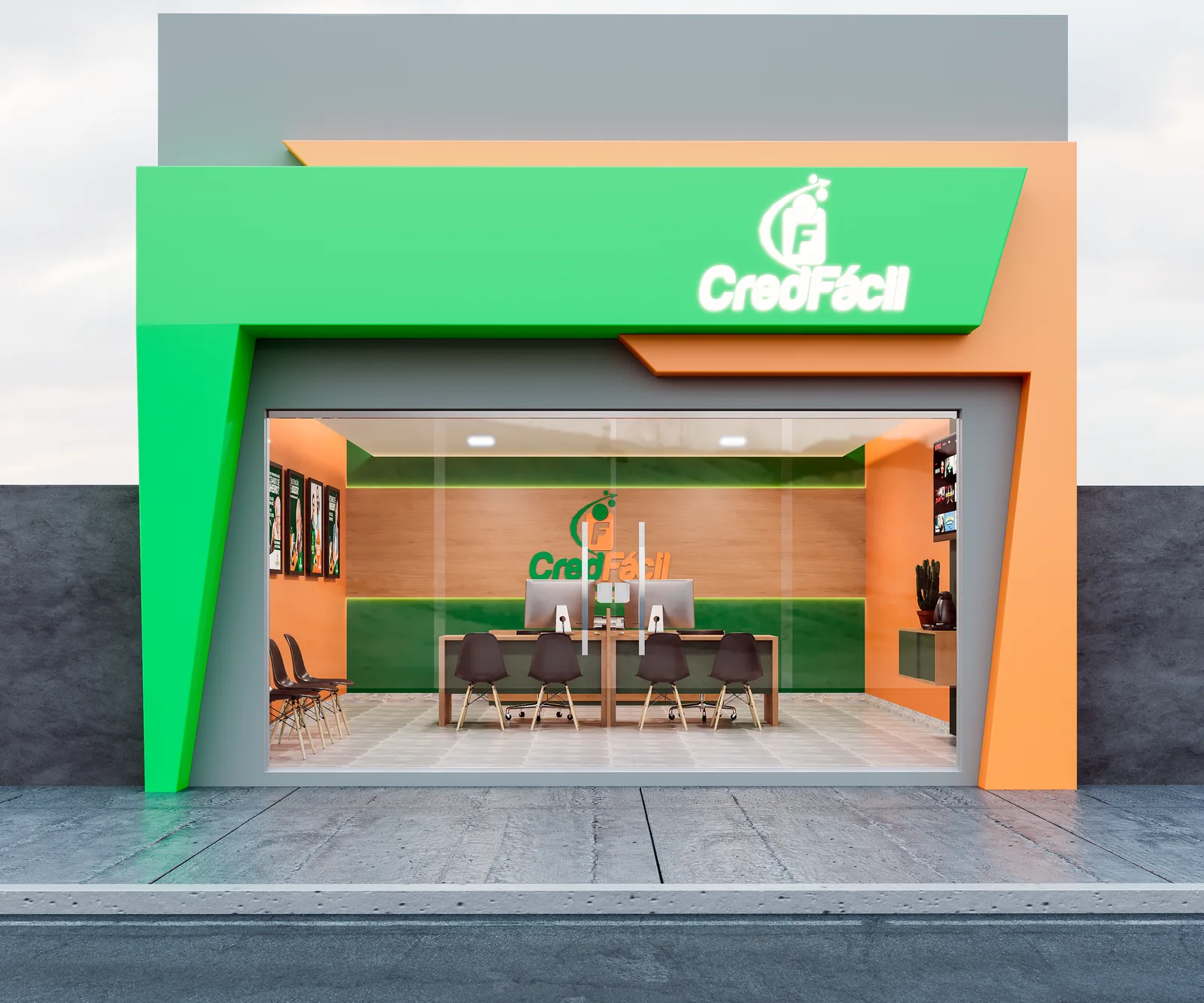 Projeto da fachada CredFácil Premium: letreiro iluminado, vitrine de vidro e mesas de atendimento